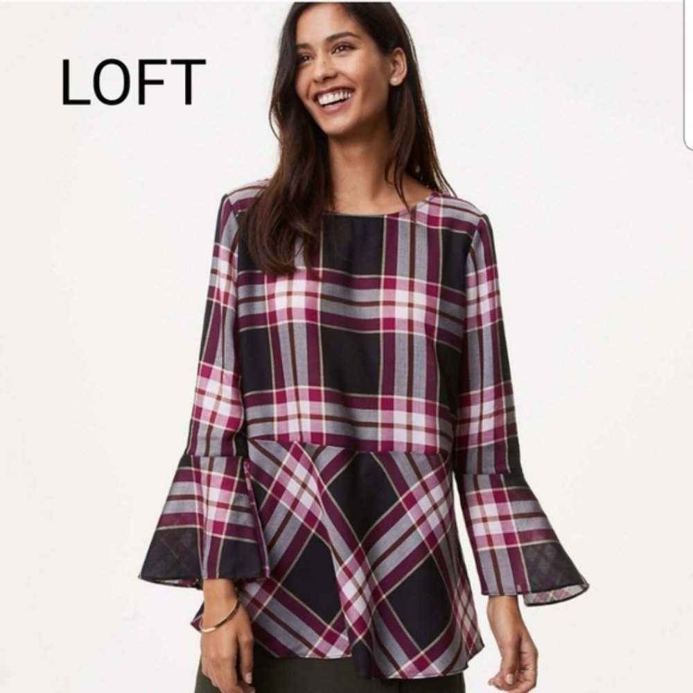 LOFT Plaid Tie Back Peplum Tunic Top